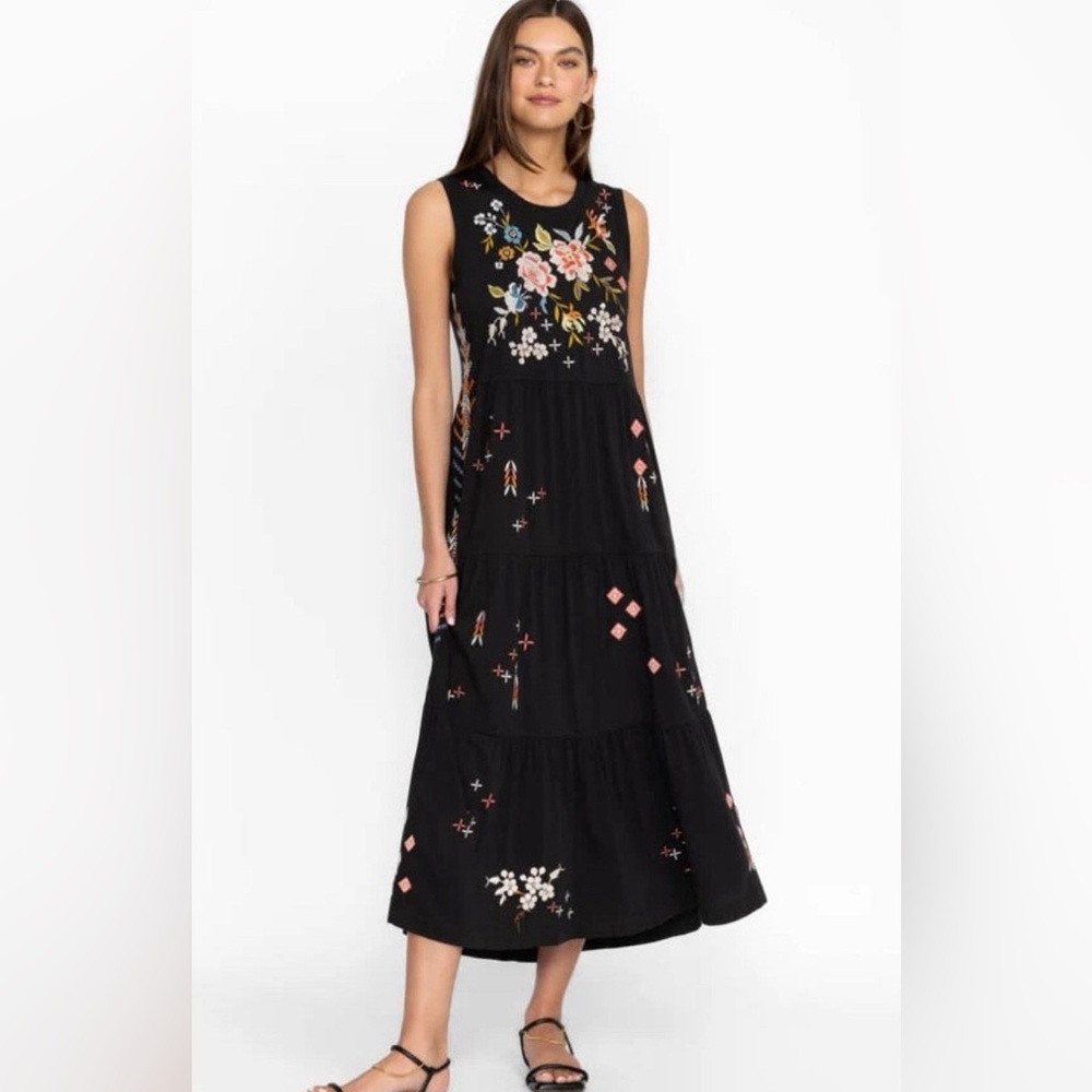Johnny Was Spring Ceretti Tiered Maxi Dress with Floral Embroidery XL EUC